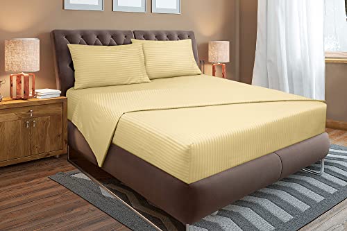 Image of ROYALE LINENS 4 Piece Cal King Sheets Set - Soft Brushed Microfiber Bedding - 1 Fitted, 1 Flat Sheet, 2 Pillow Cases - Wrinkle Free & Fade Resistant - Hotel Luxury Bed Sheets (Stripe Sand, Cal King)