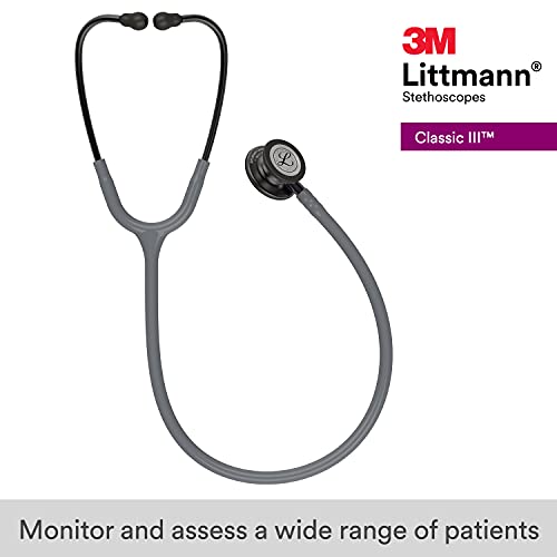 Image of 3M Littmann Classic III Monitoring Stethoscope, 5873, More Than 2X as Loud, Weighs Less, Stainless Steel Smoke-Finish Chestpiece, Grey Tube, 27 inch Violet Gray Stem, and Smoke Headset (Pack of 3)