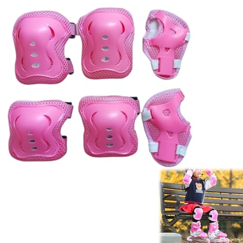 Kit de Protection Complète Enfant - 6 Pièces (Genouillères, Coudières, Poignets) - Réglable 3-12 Ans pour Roller, Vélo, Skateboard & Sports, Rose