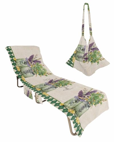 St. Patrick's Day Beach Chair Towel Covers for Chaise Lounge with Side Pocket, Soft Plush Pool Towels Cover for Patio Sunbathing Outdoor 29''x85'' Retro Vase Lavender Eucalyptus Flower Plaid