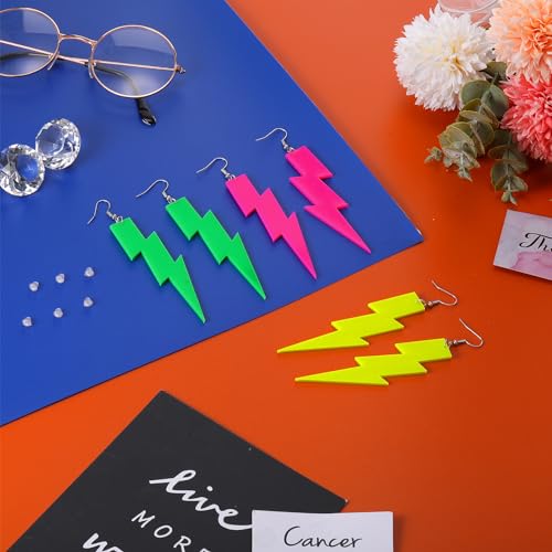 Hicarer 3 Pair 80s 90s Neon Earrings Lightning Earrings for Women Fluorescent Jewelry Accessories Acrylic Drop for Glow Women 80s Theme Halloween Party Outfit, 4.13 Inches(Pink, Green, Yellow,Classic)4