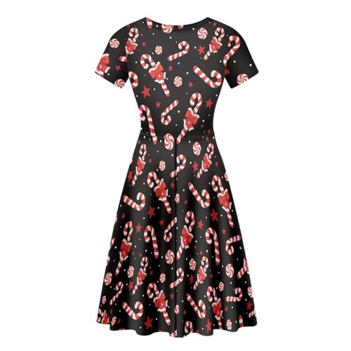 Image of Forchrinse Christmas Candy Cane Dress for Women Plus Size Round Neck Midi Dresses Causal Short Sleeve Swing Flared A Line Sundress Holiday Party Clothing
