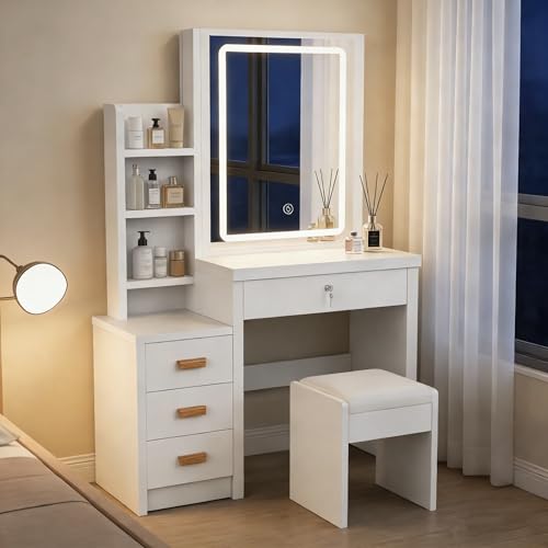 Oyajia Tocador de Maquillaje con Luz LED y Taburete, Tocador Blanco con Espejo, Estilo Moderno, Mesa de Maquillaje con Estantes Abiertos y 4 Cajones, para Dormitorio, Salón, 135x80x36 cm