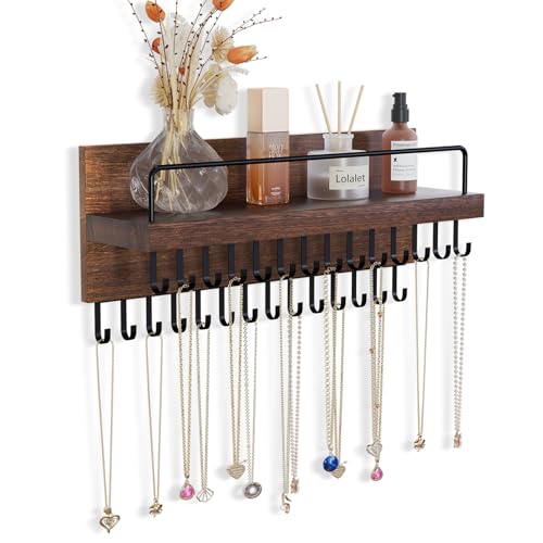 Lolalet Necklace Holder Hanging Necklace Organizer Wall Mounted Jewelry Organizer with 28 Hooks and Perfume Shelf Wood Necklace Hanger Rack for Bracelets -Brown