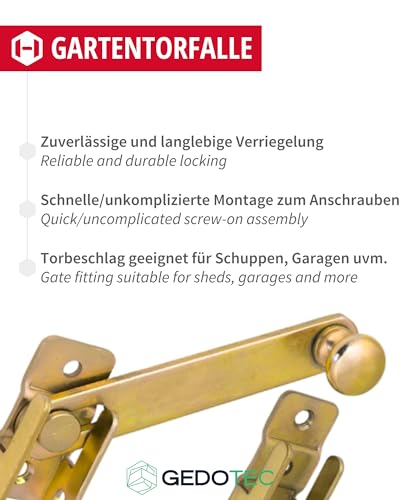 Gedotec Gartentorfalle gelb verzinkt Tor-Verschluss 120x20 mm | Stahl Tür-Verschluss zum Schrauben Verriegelung Riegel | 1 Stück - Torfalle Gartentor Überwurf Metall mit Gegenstück
