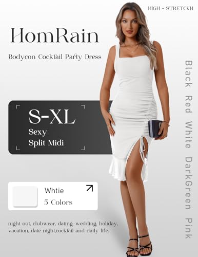 Image of HomRain Mesh Bodycon Dress for Women Square Neck Sexy Ruched Elegant Cocktail Party Midi Dresses