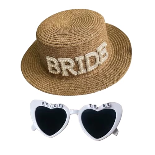ZOOMPIL Bride to Be Straw Hat Sunglasses Set Bride Sun Hat Bride to Be Heart Sunglasses Bride to Be Bridal Shower Gift for Mrs. Wifey Honeymoon Summer Wedding Present Set of 2 brown 58