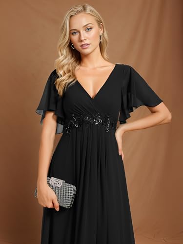 Image of Ever-Pretty Women's Spring Short Sleeve Bridesmaid Dresses V-Neck Chiffon Ruched Empire Waist Appliques Long Formal Dress