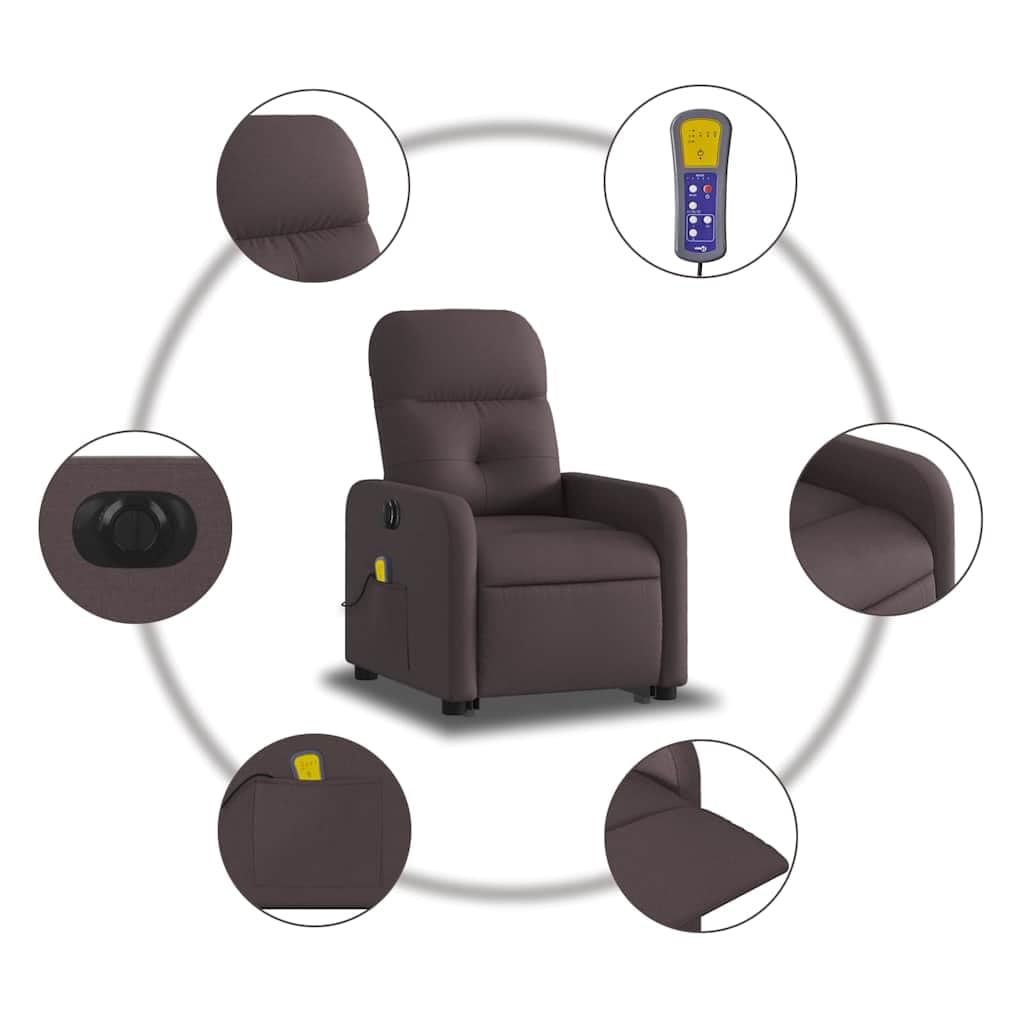 Sillón elevador eléctrico con masaje de 6 puntos y reclinación automática, tejido marrón oscuro, función elevación y vibración, cómodo para personas mayores, mando a distancia