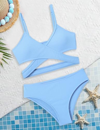 Image of Girls Swimsuit Bikini Set,Criss Cross Bathing Suits for Girl Two Piece Solid Color Girls' Swimwear for 7-16 Years