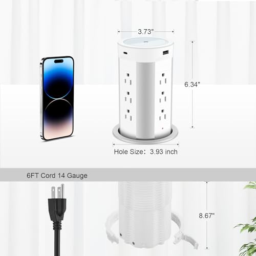 Hezi POP UP OUTLET 4-Inch Pop Up Countertop Outlet With 15W Wireless Charger,Max 45W Power Delivery,2 Usb-A & 2 Usb-C & 12Ac Outlets Tamper Resistant 15A, Island Pop Out For Home Office Kitchen thumb #4