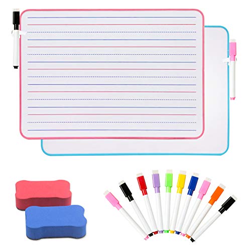 Small Dry Erase Board for Kids (2 Sets), Double-Sided Dry Erase Board with Markers, Whiteboard Erasers and Marker Holders,Kids Lined Whiteboard for Learning Writing11.8
