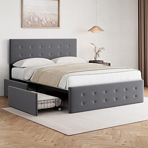 Alkmaar Base de cama tapizada de terciopelo tamaño Queen con 4 cajones de almacenamiento y cabecero Cover