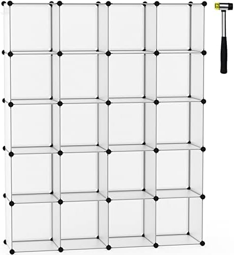 C&AHOME Cube Storage Organizer, 20-Cube Shelves Units, Closet Cabinet, DIY Plastic Modular Book Shelf, Ideal for Bedroom, Living Room, Office, 48.4" L x 12.4" W x 60.6" H Transparent White UPCS20W