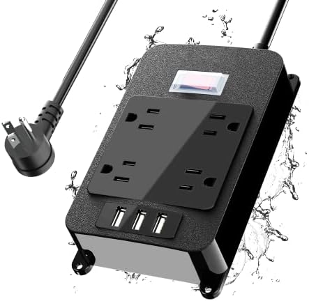 Outlet Extender, Waterproof Surge Protector Power Strip 6 Ft Cord, Outdoor Extension Cord with Multiple Outlets, 4 Wide Outlets, 3 USB Ports, Shockproof Overload Protection