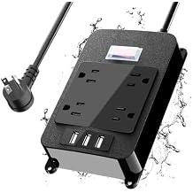 Outlet Extender, Waterproof Surge Protector Power Strip 6 Ft Cord, Outdoor Extension Cord with Multiple Outlets, 4 Wide Outlets, 3 USB Ports, Shockproof Overload Protection Black