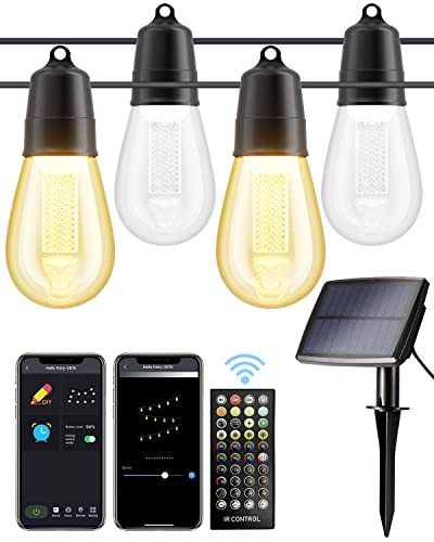 Solar String Lights App Remote Control, 50FT(45+5) Outdoor Lights Waterproof Warm/Cool White Dimmer Custom Display Patio Lights Timer Music Solar Powered/USB Charging Edison Light for Umbrella Balcony