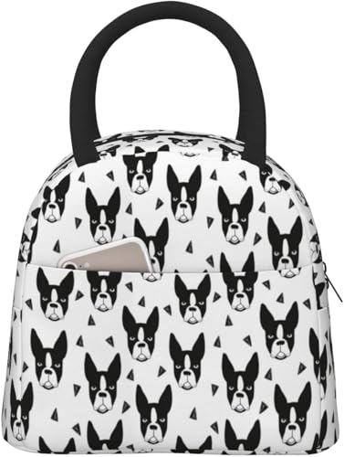 男女兼用 おしゃれ 大容量 保温 手提げお弁当箱 軽量 断熱 ボストン テリア 白黒犬 かわいい犬 食品収納 保温バッグ 通勤 ファスナー付き 手提げ 保冷ランチバッグ ハンドバッグ、ベントホルダー、クーラーボックス、エコバッグ、スタイリッシュ、軽量、ショ