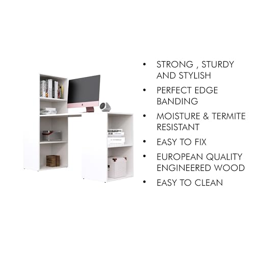 Image of Bniture Wooden Study Table for Home | Engineered Wood Study Table with Book Shelf | Multi Purpose Computer Desk for Writing & Study | Laptop Table for Study Room, Office & Workstation, Frosty White
