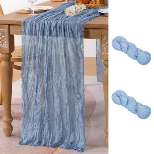 Image of MLMC 2 Pack Dusty Blue Table Runner 10ft Boho Gauze Blue Cheesecloth Table Runner Rustic Cheese Cloth Centerpiece 35x120 Inches for Wedding Bridal Shower Baby Shower Party Decor