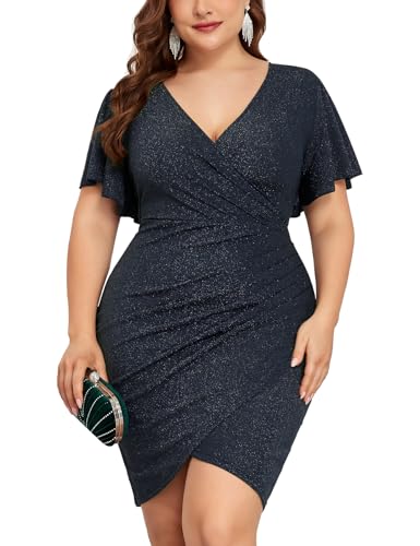 Image of ZOMVA Plus Size 0X-4X Sparkly Glitter Ruched Bodycon Mini Dress Sparkle Sequin Wrap Ruffle Sleeve Dress Cocktail Party Formal