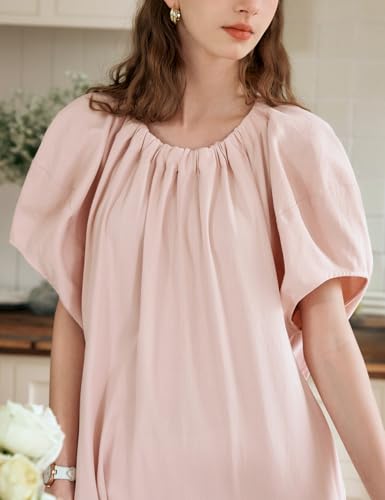 Women's Light Pink Long Dress, Pleated Round Neck Puff Sleeve Loose Summer Casual Midi Dress with Pockets4