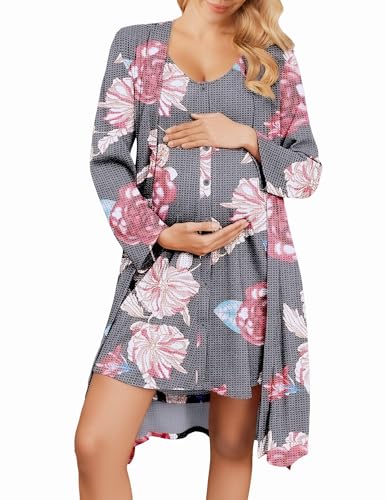 Image of Ekouaer Maternity Nursing Gown and Robe Set 2 Piece Waffle Breastfeeding Nightgown 3 in 1 Labor and Delivery Hospital Gown