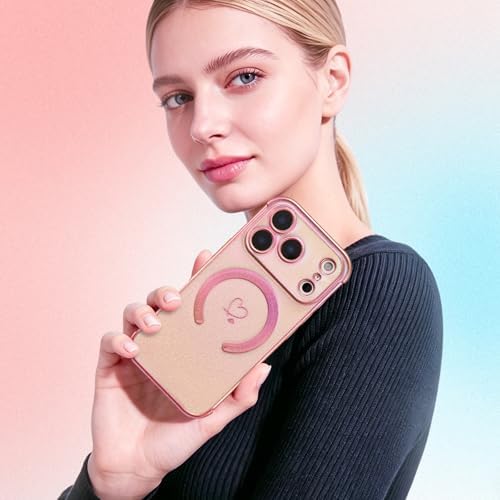 ZTOFERA Magnetic Case for iPhone 17 Pro Max Case 6.9",Cute Luxruy Iridescent Case with Love Hearts Pattern, Plating Edge Camera Lens Protection Shockproof Phone Case for Women Girls,Iridescent Pink — view 6