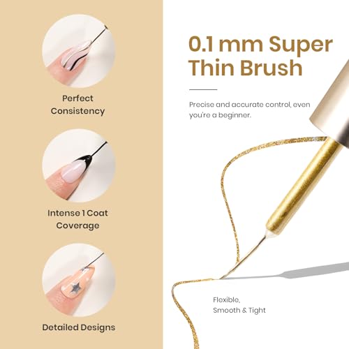 Image of Beetles Gel Liner Nail Polish Set 5ml, 4 Pcs Nail Art Liner Gold Glitter Silver Black White Gel Polish Kit, 3D Mirror Painted Glossy Swirl French Chrome Effect Nails Design Gift for Women