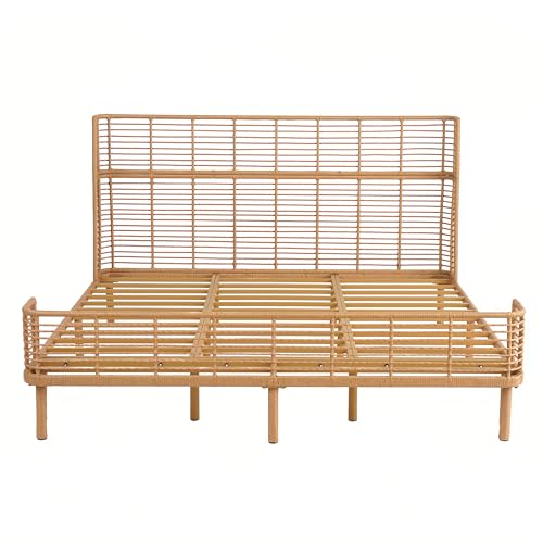 Image of Christopher Knight Home Lamar Boho Rattan King Bed Frame and Headboard, Farmhouse PE Wicker King Size Bed Frame, Metal King Platform Bed Frame, No Box Spring Needed, Easy Assembly, Natural Finish