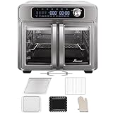 Extra Large French Door Air Fryer Toaster Oven Combo, 24 Cooking Functions and Digital Controls, 6 Accessories Included, Stainless Steel Finish, 26QT Capacity, Fits 12' Pizza, Rotisserie 6lb Chicken