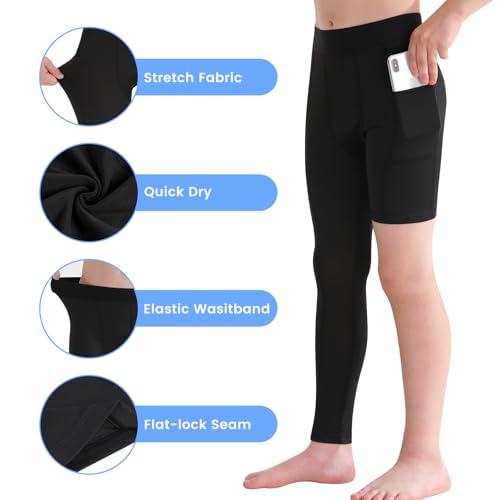 2 Pack Boys Youth One Leg 3/4 Compression Pants Tights for Basketball Running Capris Gym Athletic Base Layer Leggings4