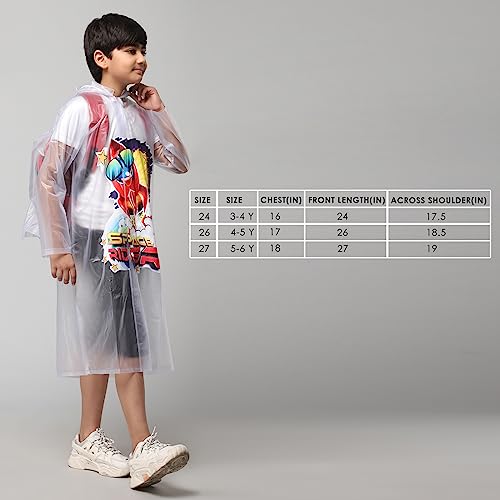 Image of THE CLOWNFISH Toon Caper Series Kid's Waterproof PvcLong Length Coat With Adjustable Hood & Extra Space For Backpack /Schoolbag Holding. Printed Plastic Pouch.