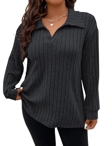Image of Koscacy Women Plus Size Casual Knit Sweater Lapel V Neck Solid Color Tops Lightweight Long Sleeve Blouses