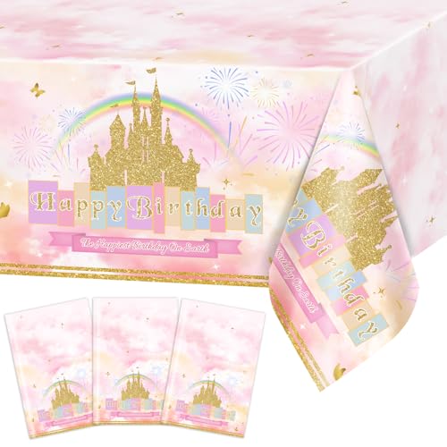 Image of Avezano 3 Pcs Princess Castle Tablecloth Rainbow Princess Birthday Table Cloth for Girls Women Birthday Party Decorations 108 x 54 Inch