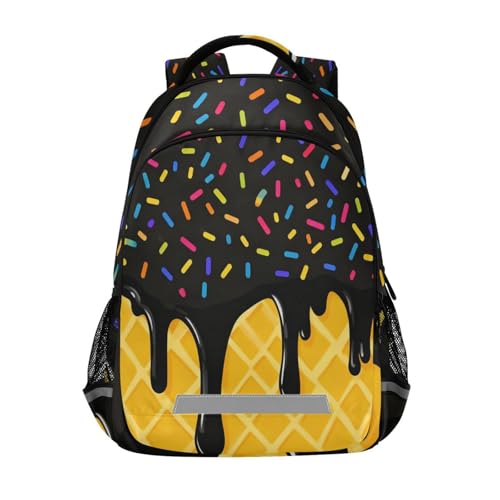 Image of Black Yellow Ice Cream Cute Backpacks with Chest Strap,Lightweight Bookbags 17 Inch, Casual Daypack Bags