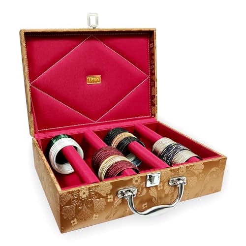 Image of LEDO Bangle Box Organizer Jewellery Case for Women in PU Leather with 4 Rods in Golden & Cherry colour