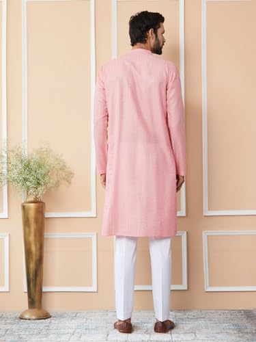 Image of See Designs Men's Long Sleeve Mandarin Collar Side Slit Embroidered Thread Work Sequinned Chanderi Silk Straight Kurta with Pyjama