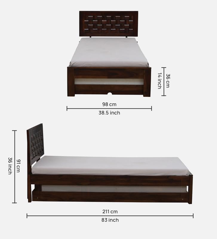 Image of Solid Sheesham Wood Woodora Single Size Trundle Bed with 1 Extra Pullout Bed | Wooden Single Bed Cot Palang Furniture for Bedroom Living Room Home and Hotel (Provincial Teak Finish)