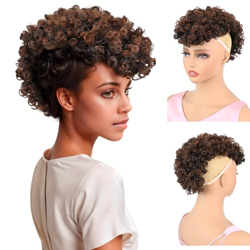 UAmy hair Afro Puff Mohawk Ponytail Light Brown Jerry Curly Non Drawstring Ponytail Clip in Synthetic Fauxhawks Afro Puff Bun with Bangs Short Afro Kinky Curly Hair Pieces with 6 Clips(T2/33)