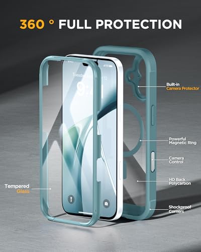 Image of Miracase for iPhone 17 Case 6.3'', Full-Body Military Grade Drop Protection Outdoor Phone case with Built-in Glass Screen &Camera Control,Easy Installation,No Gap,Compatible with MagSafe, Green