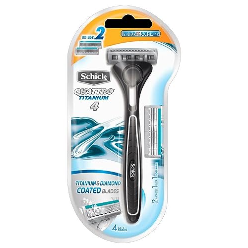 Schick Quattro Razor & Cartridges, Titanium Coated Blades, with Hanger (1 Razor, 1 Cartridge)