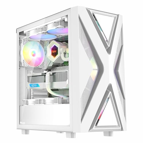 RUIX CV203 ATX Mid-Tower PC Case, Pre-Installed 4 x 120mm RGB Fans, RGB Color Lighting, Tempered Glass, USB 3.0, Multi-Purpose, High-Airflow - White