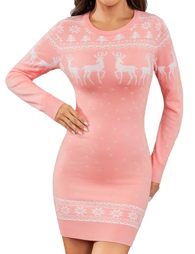 Irevial Strickkleid Damen Rundhals Pullikleid Weihnachtskleid Langer Pulloverkleid Frauen Kleider Pullover Rippstrick Wickelkleid Schneeflocken Muster...