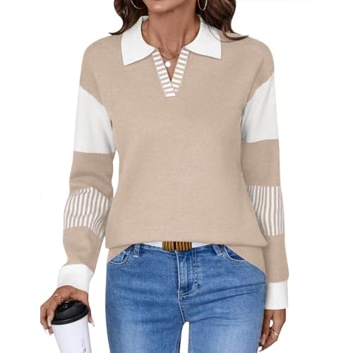 LOMON V Neck Long Sleeve Loose Sweaters Color Block Striped Knitted Pullover Jumper Tops