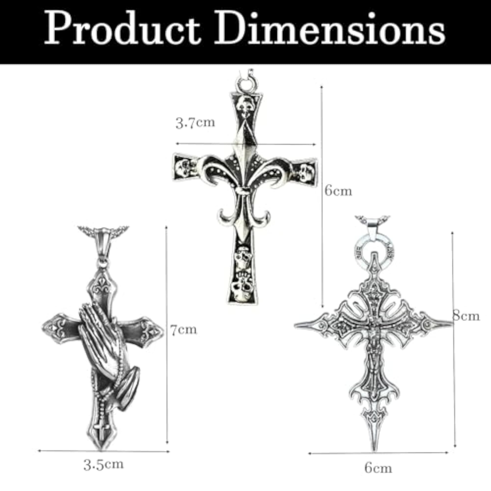 Gothic Necklace 3-Pack with Cross Pendant for Men