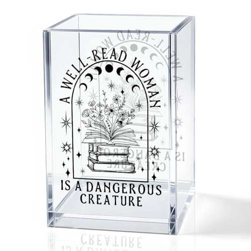 QYUVK A Well-read Woman Is A Dangerous Creature Acrylic Pencil Holder Cup Funny Floral Books Desk Organizer for Book Lover Bookish Bookworms Readers Women Empowerment Gifts for Mom Sister BFF