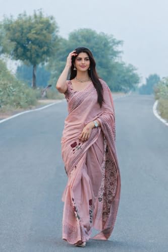 Image of Elegant Dusty Pink Linen Cotton Saree with Floral Print Border | Cotton Printed Saree with Unstitched Blouse Piece Saree for Women