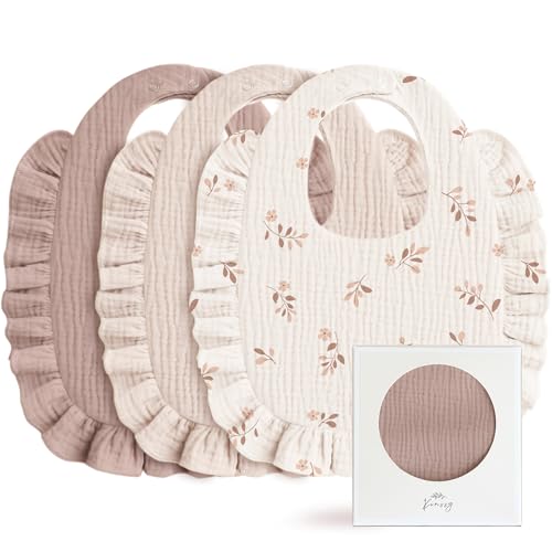 Image of Konssy Muslin Baby Bibs for Girls – Soft 100% Cotton Drool Bibs, Ruffle Trim for Newborns & Toddlers 0-36 Months 3-Pack