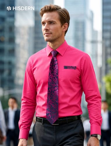 Image of HISDERN Mens Dress Shirt with Tie Pocket Square Set Classic Button Down Shirt Matching Tie Long Sleeve Shirts